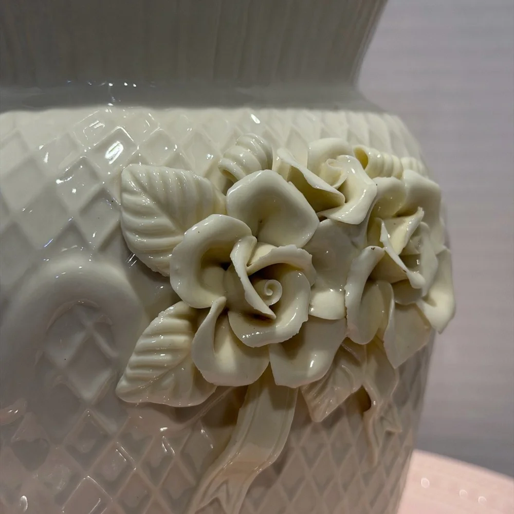 Vintage Ivory Ceramic Vase Embossed Floral Rose Basketweave Pattern